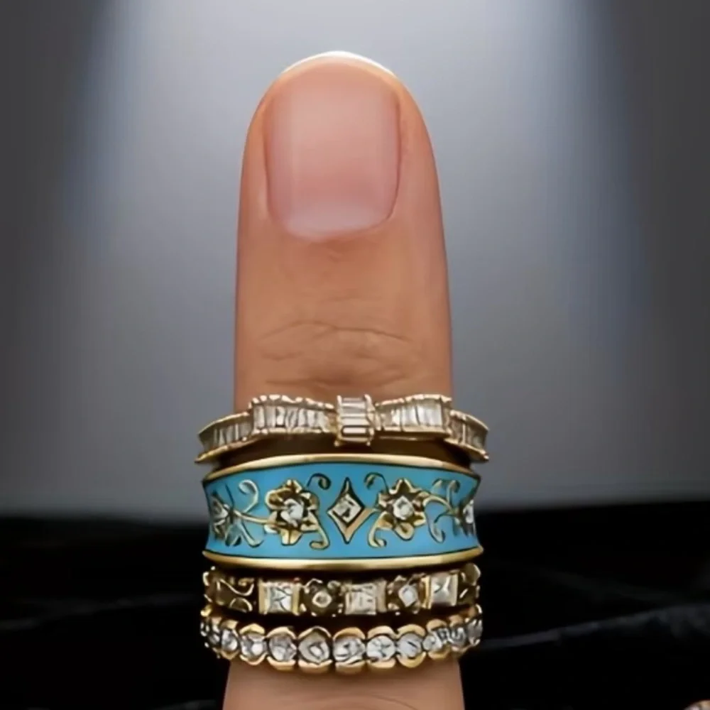 Retro Copper Hand Carved Texture Palace Turquiose Gold Ring Set - SIZE 7